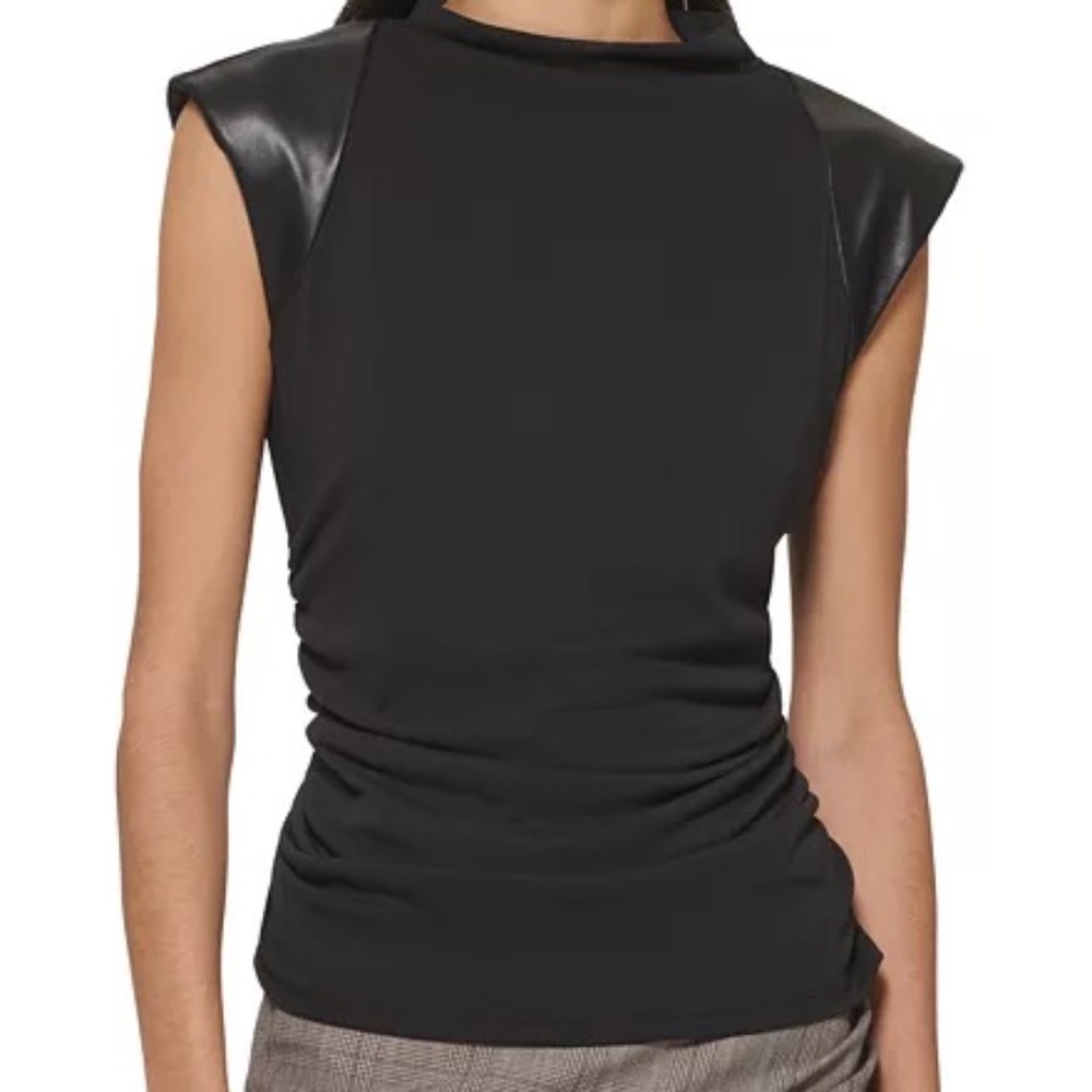 FCAE Dkny Women's Faux-Leather-Trim Ruched Top
